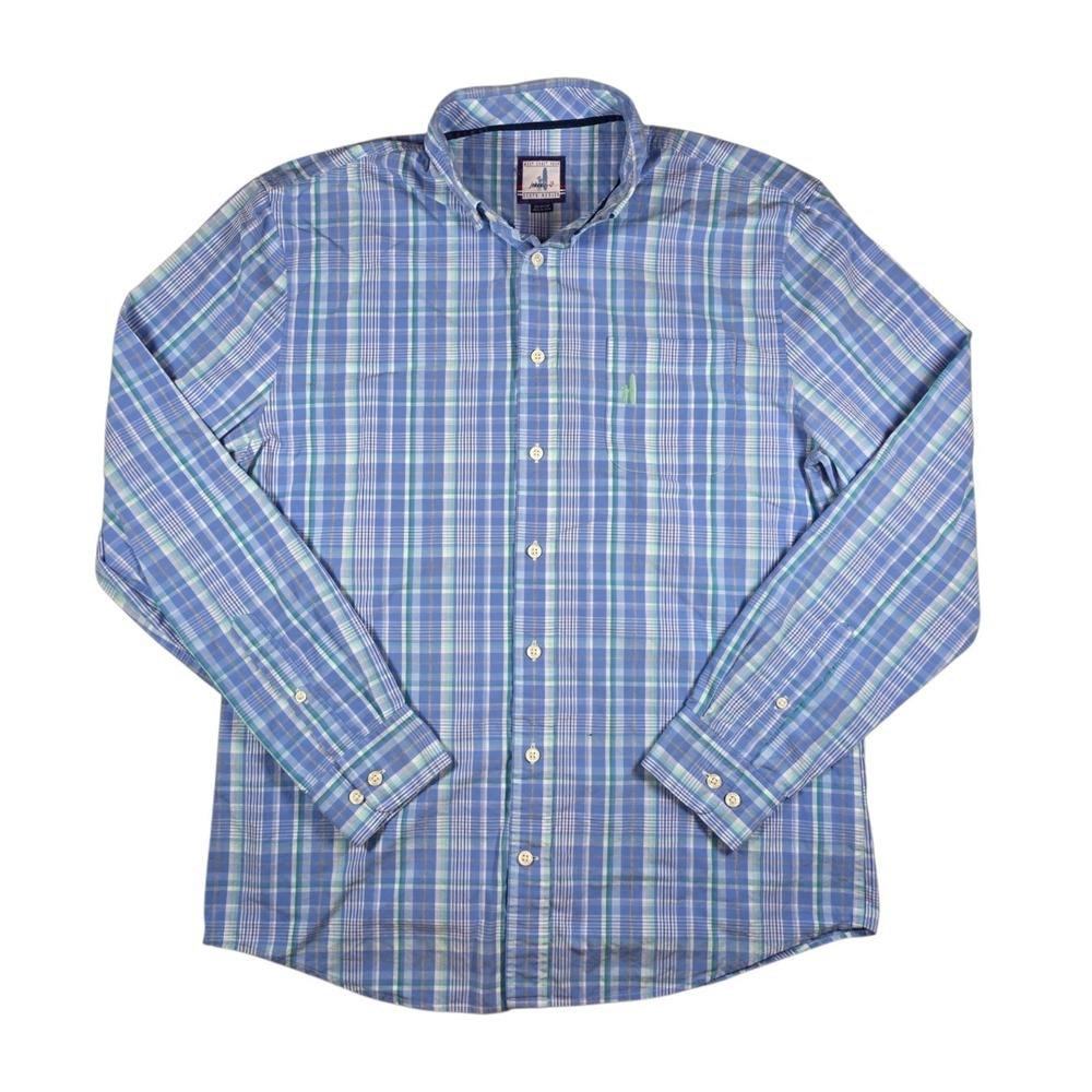 Johnnie O West Coast Prep Blue Teal Plaid L/S Button Down Shirt Men's Sz Medium